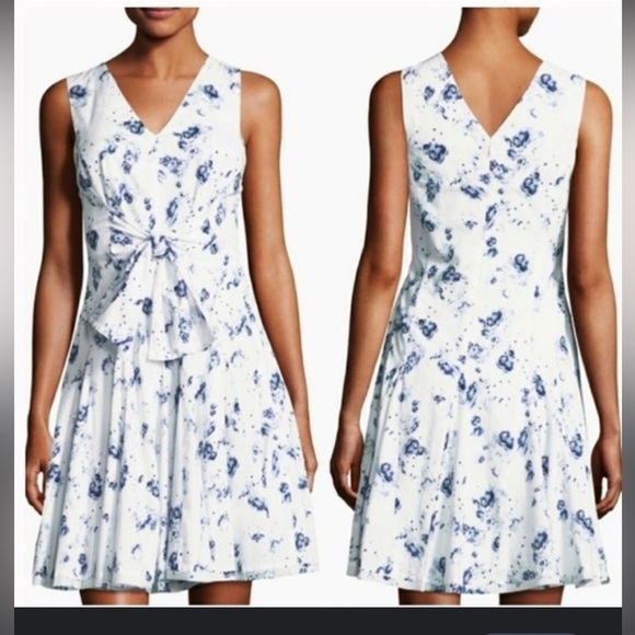 Rebecca Taylor Floral Dress navy blue and white bow midi swing size 4 - Picture 1 of 7